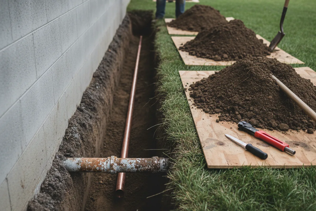 Excavated water line trench during Water Heater Repair in Clarendon
